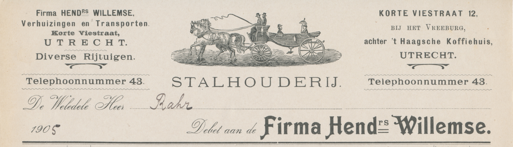 712230 Kop van een nota van de Firma Hendrs. Willemse, Verhuizingen en Transporten, Korte Viestraat 12, bij het ...